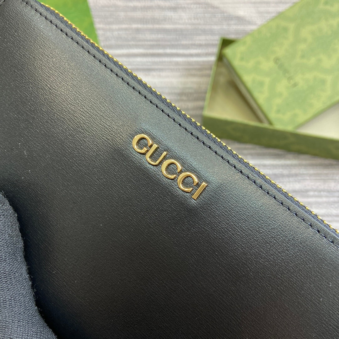 GUCCI ZIP AROUND WALLET 20 IN BLACK CALFSKIN GOLD HARDWARE