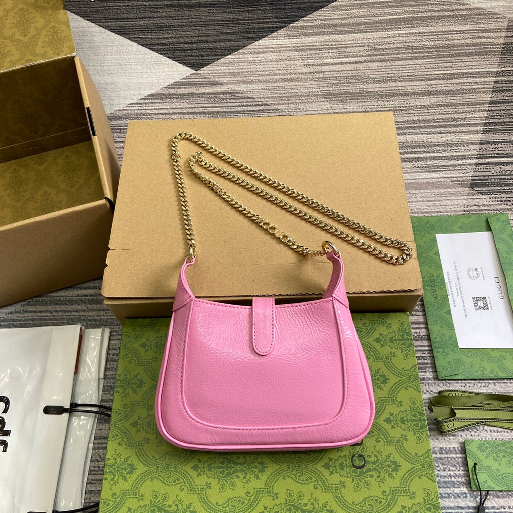 GUCCI JACKIE NOTTE MINI BAG 19 IN PINK CRACKED LACQUER CALFSKIN GOLD HARDWARE