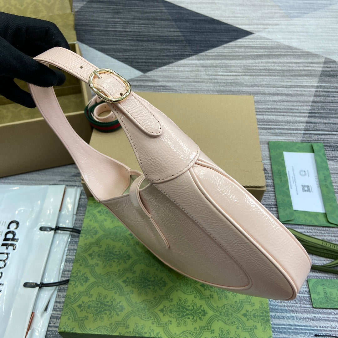 GUCCI JACKIE SMALL SHOULDER BAG 27 IN LIGHT PINK CRACKED LACQUER CALFSKIN GOLD HARDWARE
