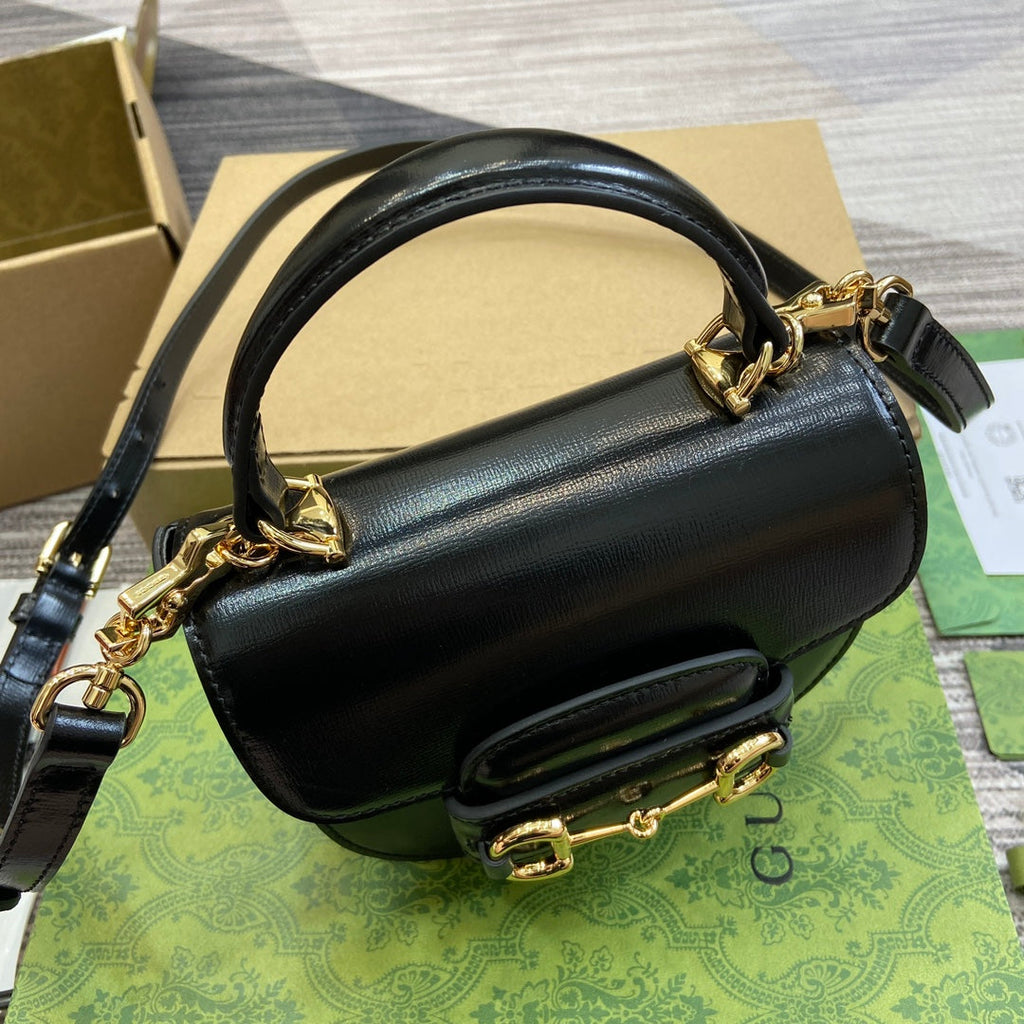 GUCCI HORSEBIT 1955 MINI TOP HANDLE BAG 18 IN BLACK CALFSKIN GOLD HARDWARE