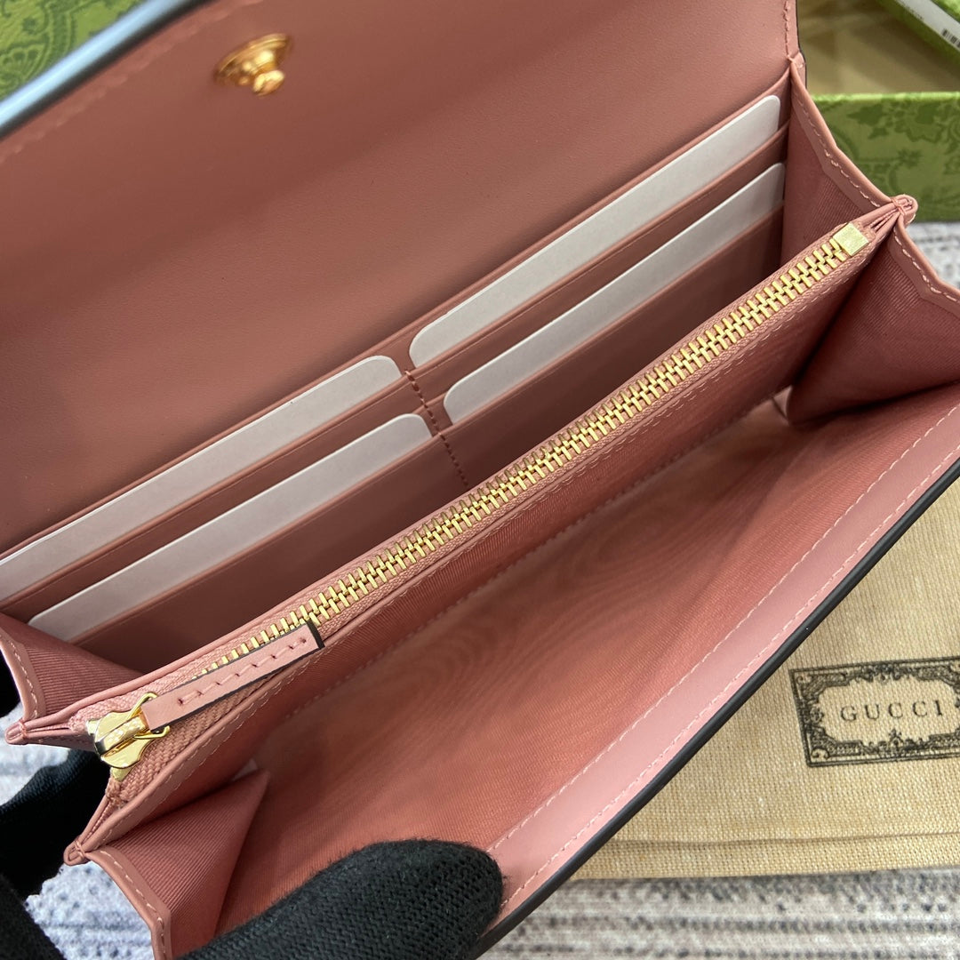 GUCCI CONTINENTAL WALLET 19 IN PINK EMBOSSED CALFSKIN GOLD HARDWARE
