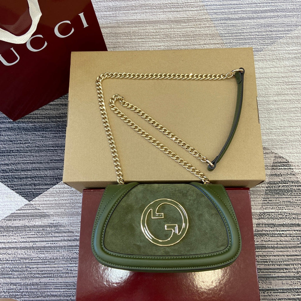 GUCCI BLONDIE MINI SHOULDER BAG 21 IN JUNIPER GREEN CALFSKIN AND SUEDE GOLD HARDWARE