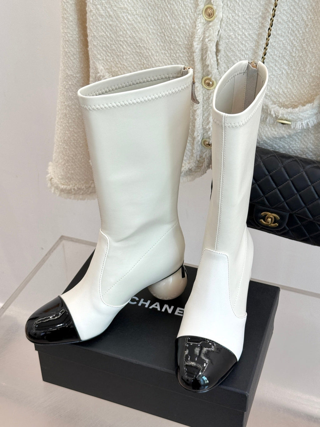 CHANEL PEARL BOOTS IN WHITE CALFSKIN
