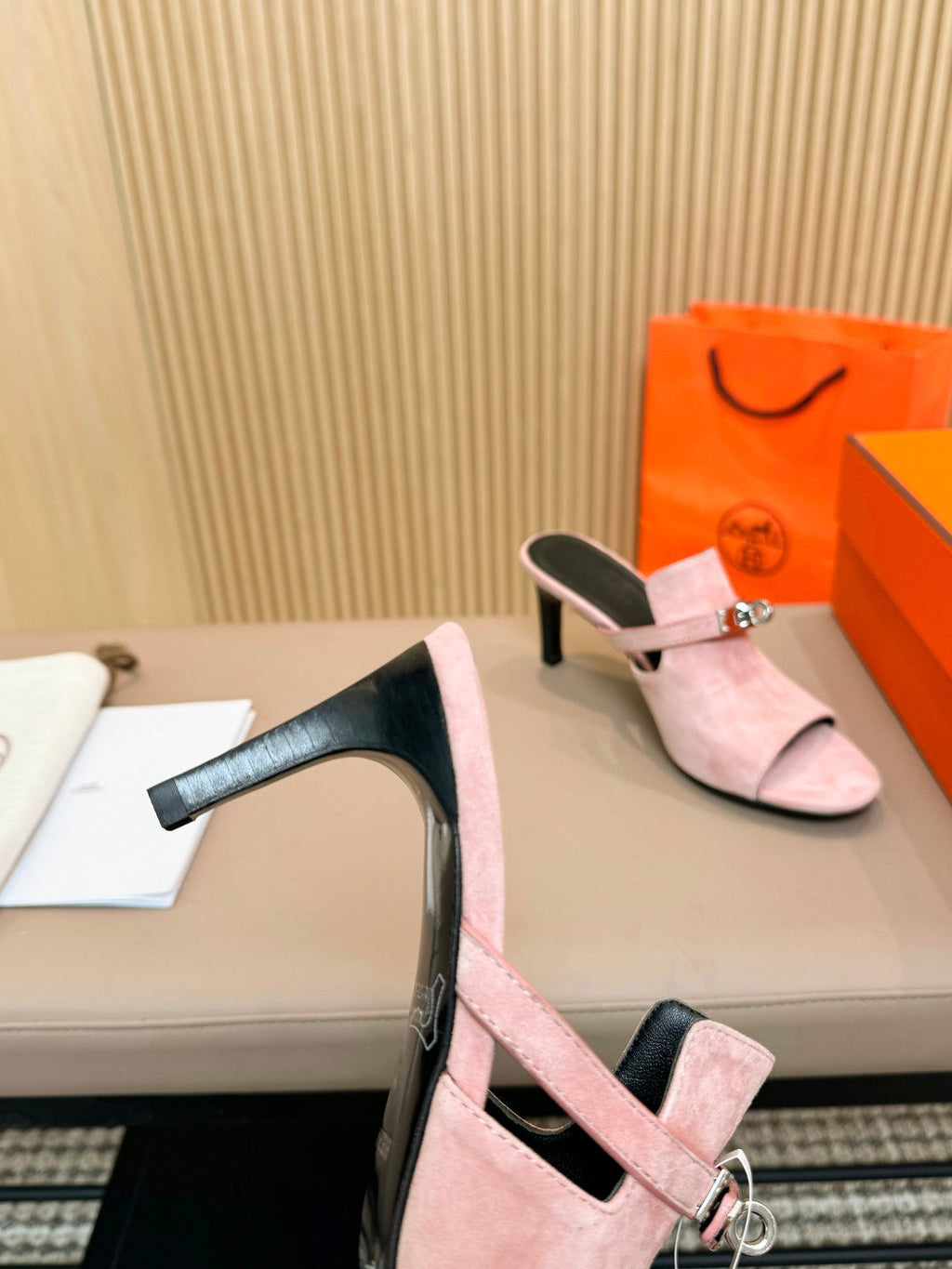 HERMES HEDEN MULE 80 LIGHT PINK SUEDE