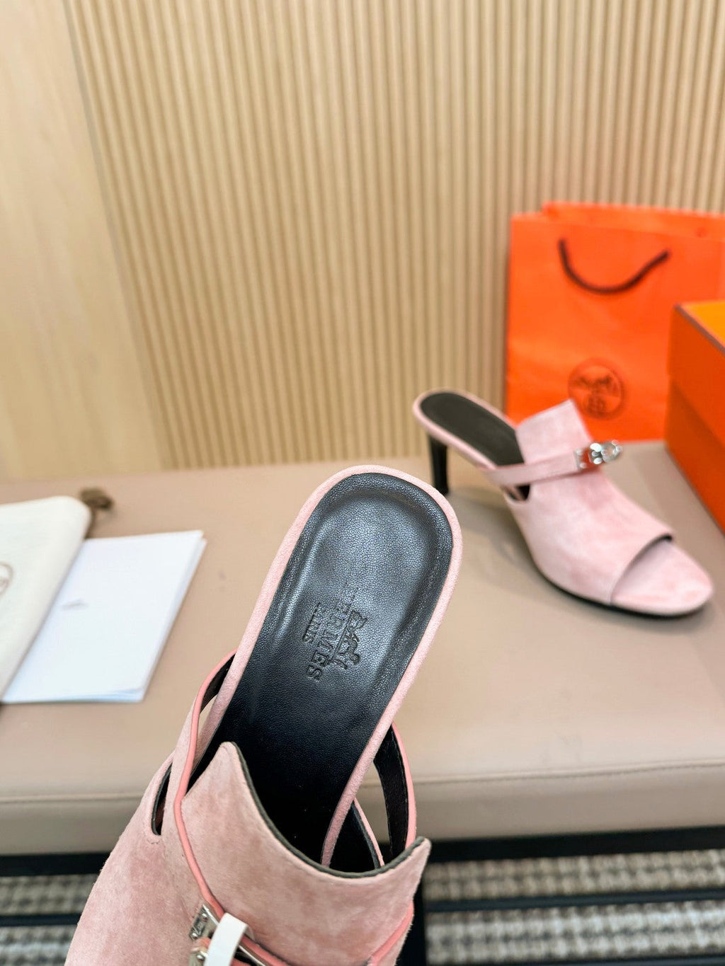 HERMES HEDEN MULE 80 LIGHT PINK SUEDE