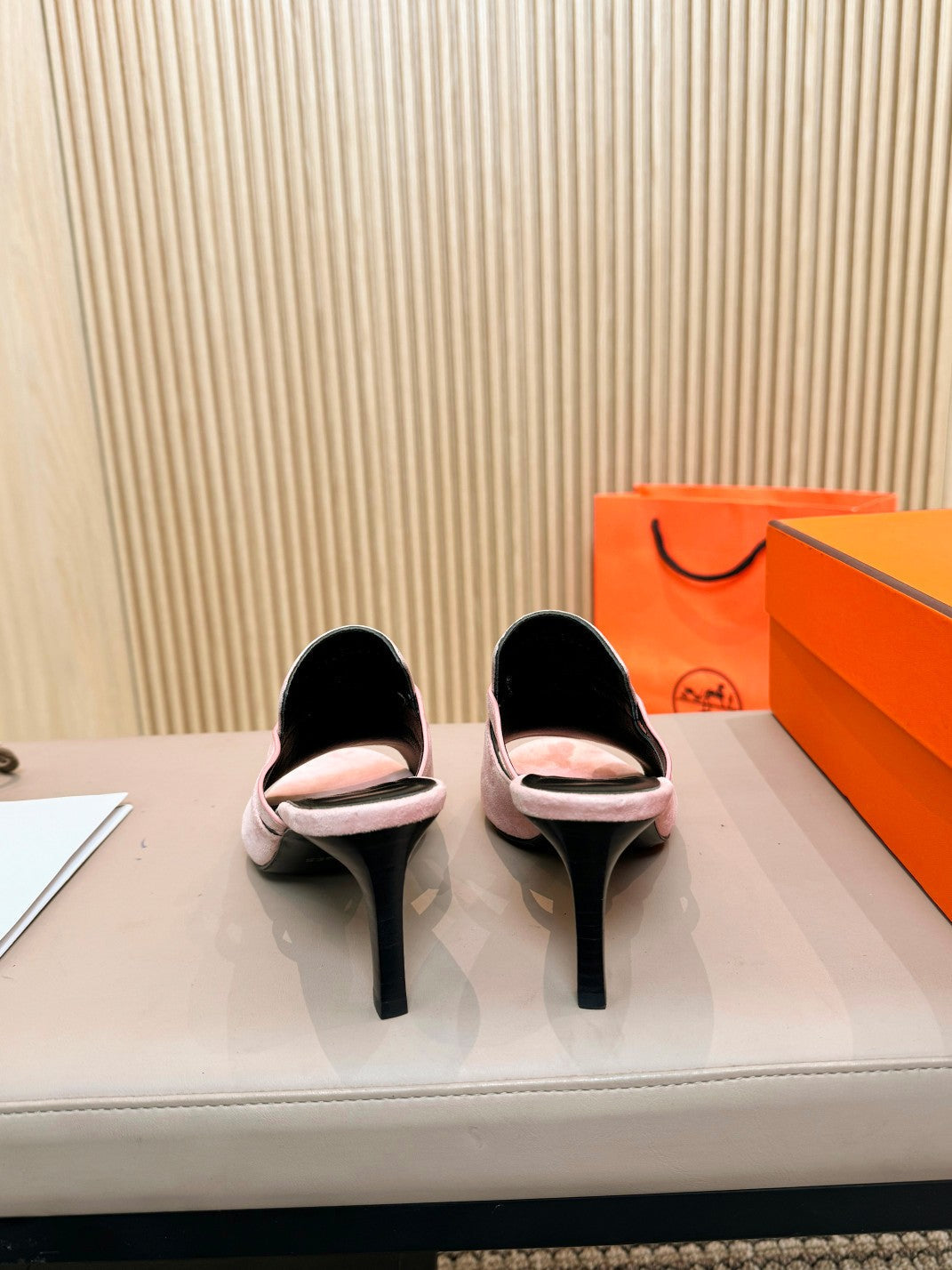 HERMES HEDEN MULE 80 LIGHT PINK SUEDE