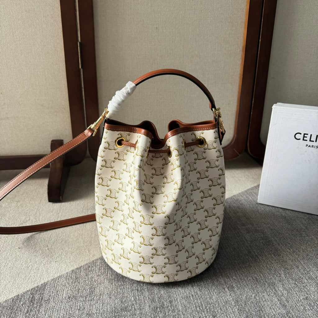 CELINE CLARA BAG 24 IN WHITE TRIOMPHE CANVAS AND BROWN CALFSKIN TRIM