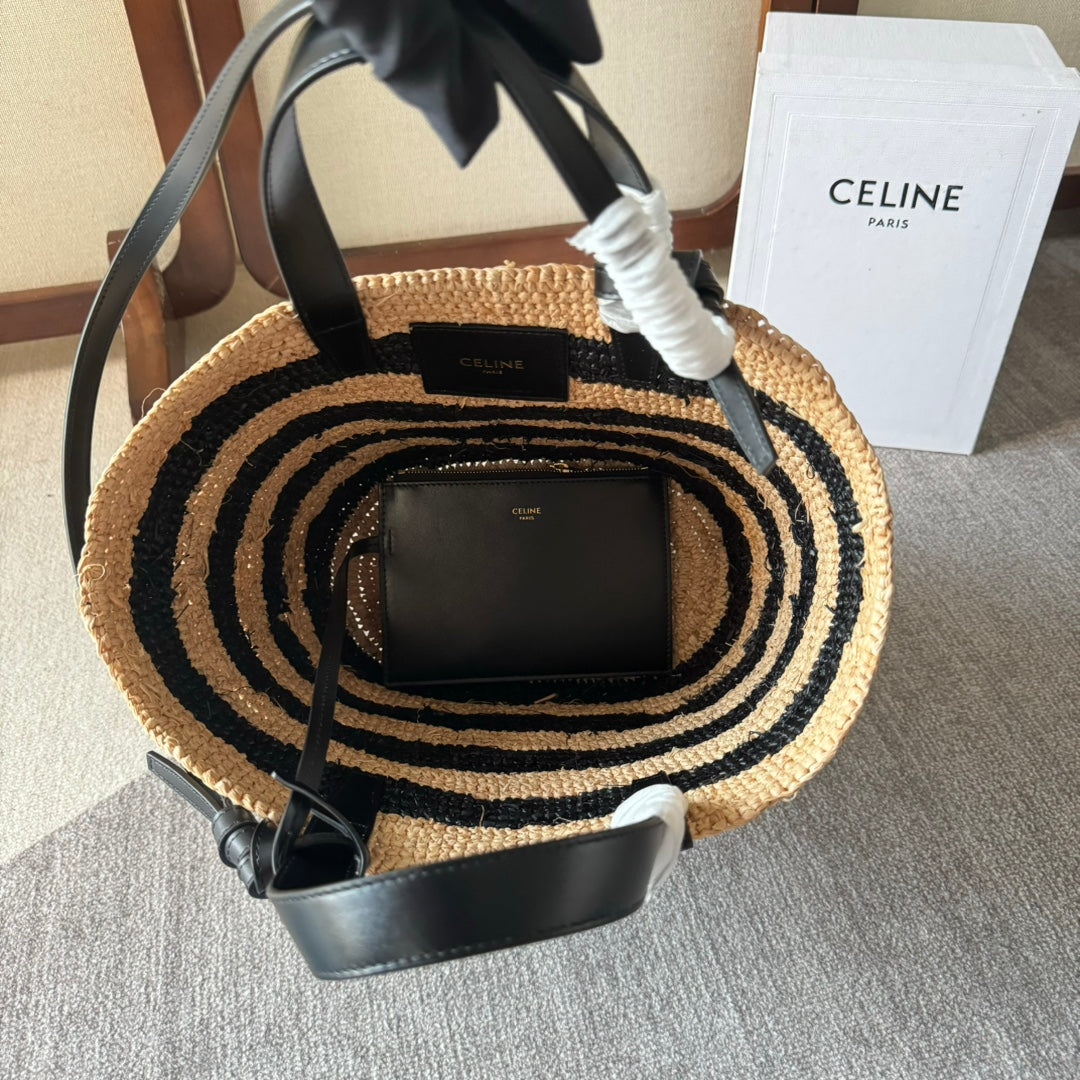 CELINE STRIPED COUFFIN CLASSIC PANIER 22 IN BEIGE AND BLACK RAFFIA AND CALFSKIN TRIM