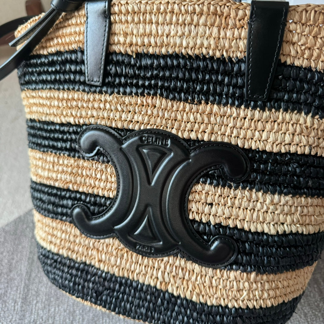 CELINE STRIPED COUFFIN CLASSIC PANIER 22 IN BEIGE AND BLACK RAFFIA AND CALFSKIN TRIM