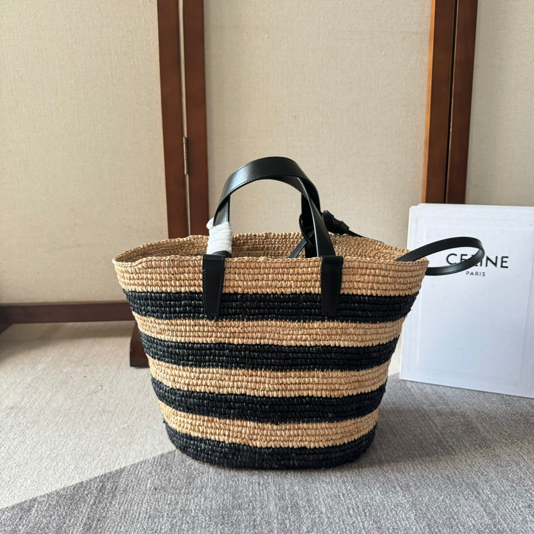 CELINE STRIPED COUFFIN CLASSIC PANIER 22 IN BEIGE AND BLACK RAFFIA AND CALFSKIN TRIM