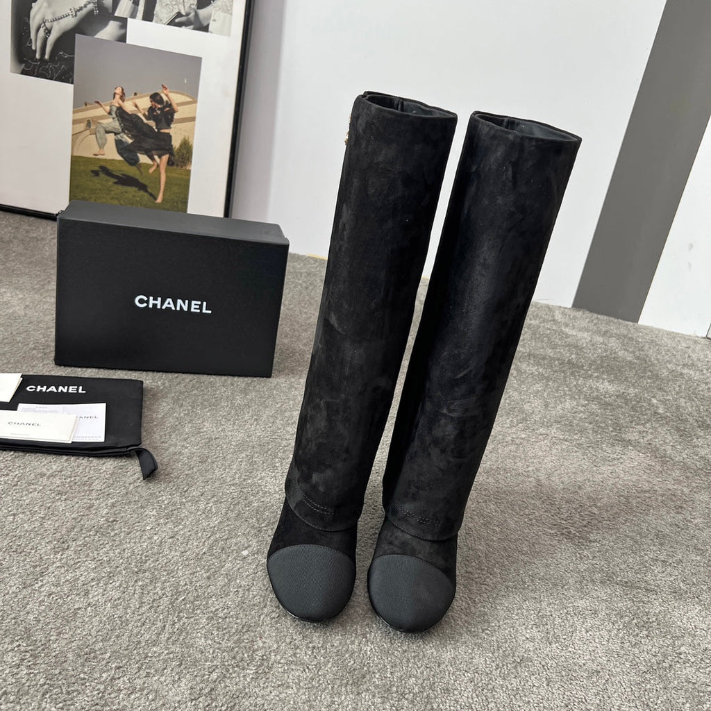 CHANEL 25S HIGH BOOTS 55MM IN BLACK SUEDE AND CANVAS GOLD HARDWARE