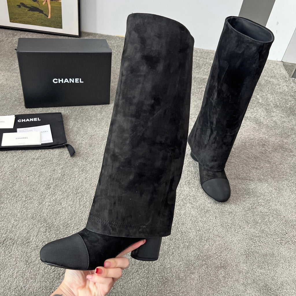 CHANEL 25S HIGH BOOTS 55MM IN BLACK SUEDE AND CANVAS GOLD HARDWARE