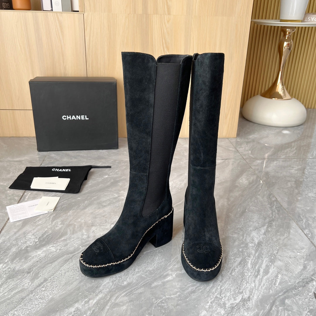 CHANEL 25S HIGH BOOTS STRETCHY SHAFT 85MM IN BLACK SUEDE GOLD HARDWARE