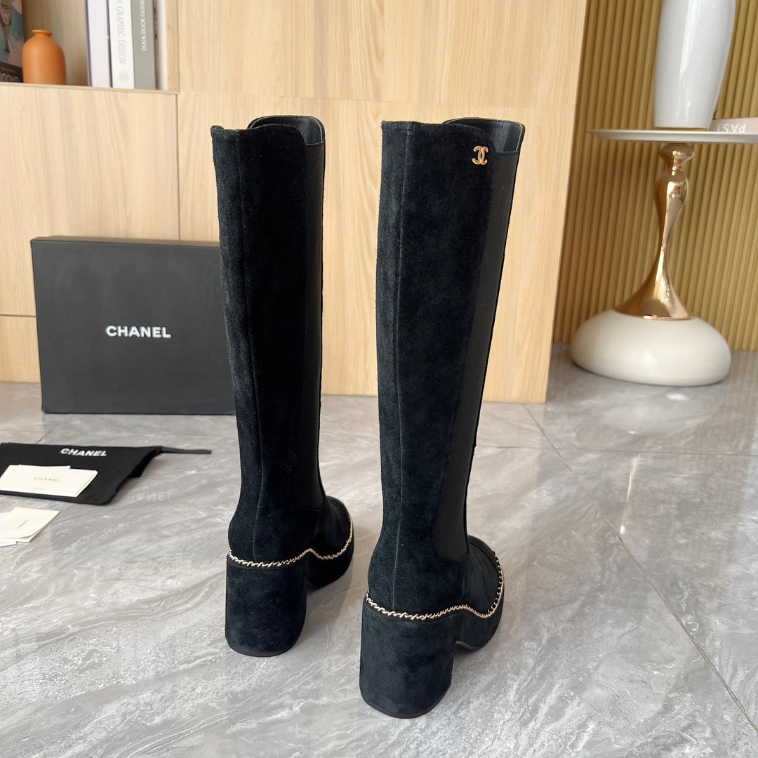 CHANEL 25S HIGH BOOTS STRETCHY SHAFT 85MM IN BLACK SUEDE GOLD HARDWARE