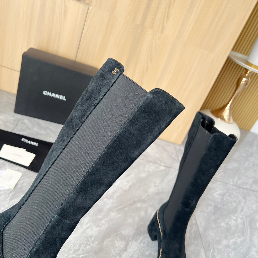 CHANEL 25S HIGH BOOTS STRETCHY SHAFT 85MM IN BLACK SUEDE GOLD HARDWARE