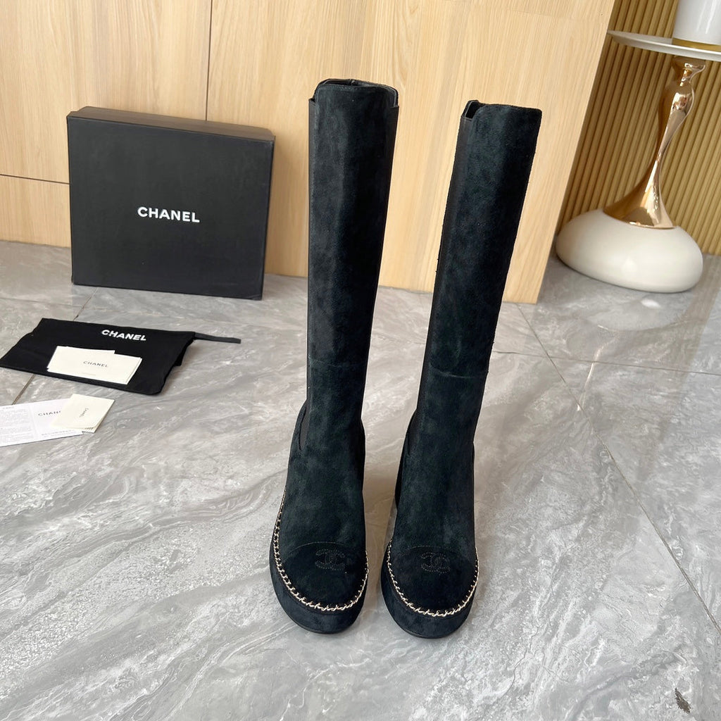 CHANEL 25S HIGH BOOTS STRETCHY SHAFT 85MM IN BLACK SUEDE GOLD HARDWARE