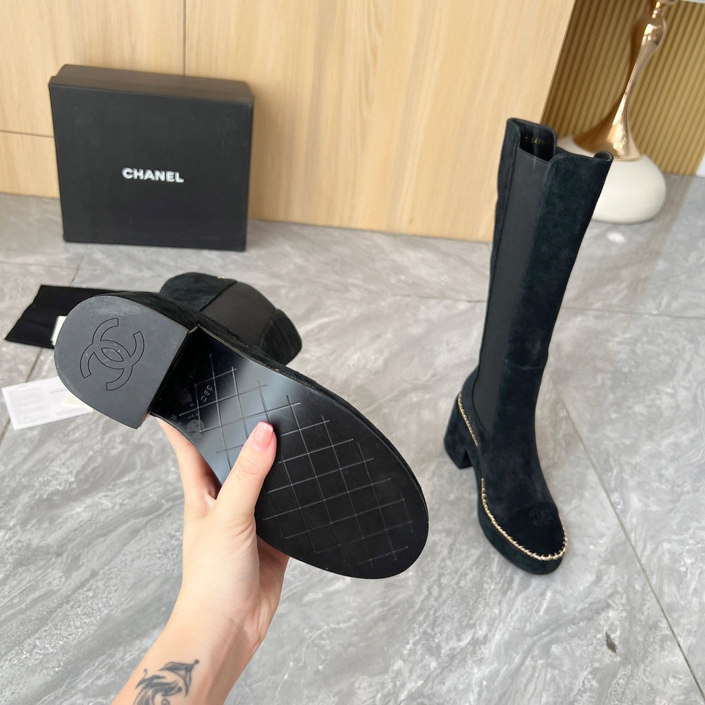 CHANEL 25S HIGH BOOTS STRETCHY SHAFT 85MM IN BLACK SUEDE GOLD HARDWARE