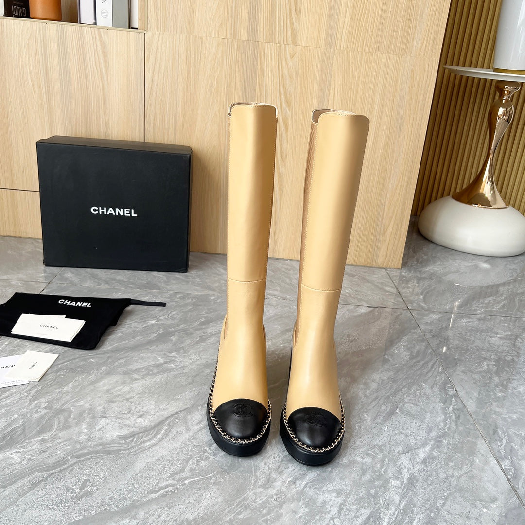 CHANEL 25S HIGH BOOTS STRETCHY SHAFT 85MM IN LIGHT BROWN CALFSKIN GOLD HARDWARE