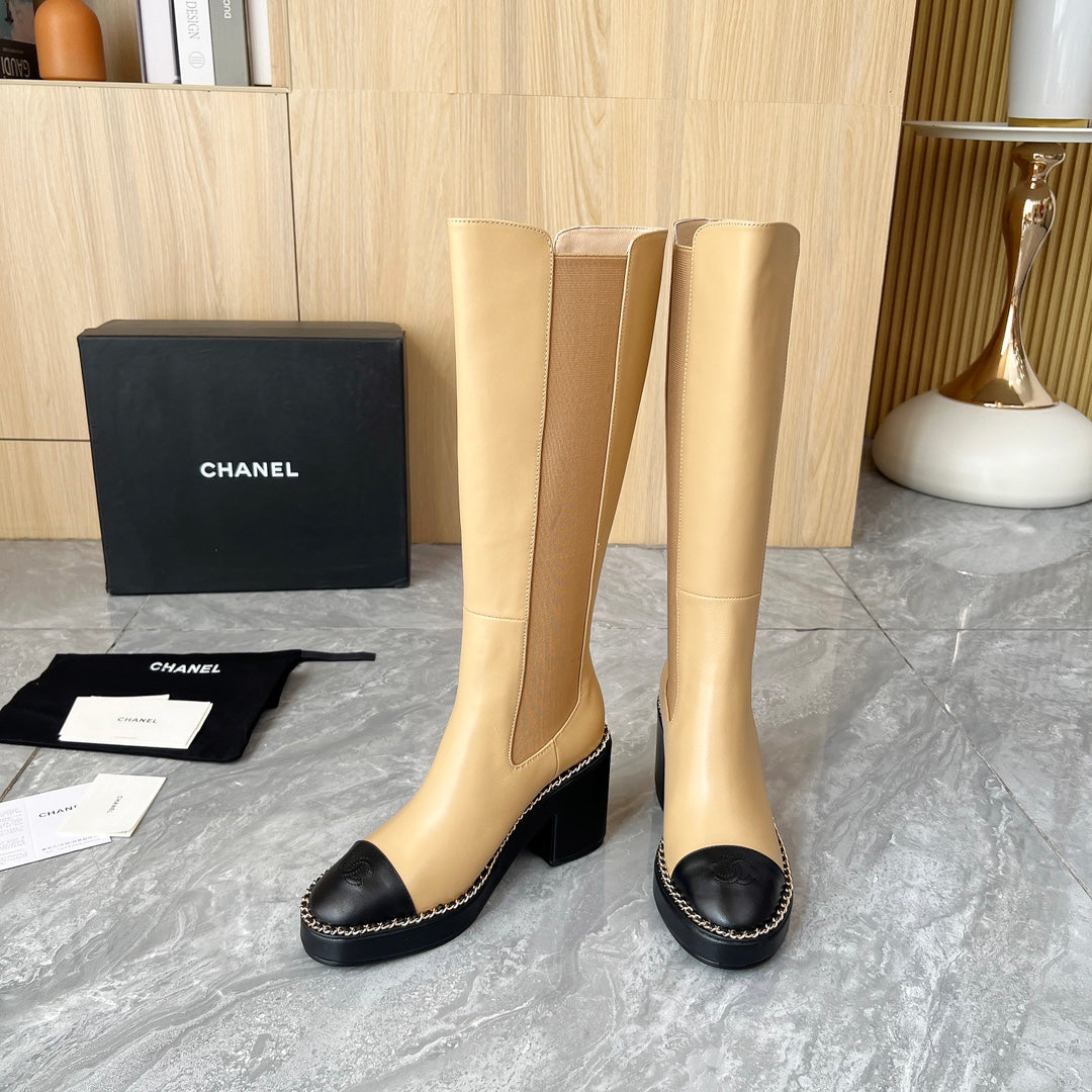 CHANEL 25S HIGH BOOTS STRETCHY SHAFT 85MM IN LIGHT BROWN CALFSKIN GOLD HARDWARE