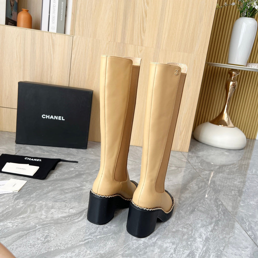 CHANEL 25S HIGH BOOTS STRETCHY SHAFT 85MM IN LIGHT BROWN CALFSKIN GOLD HARDWARE