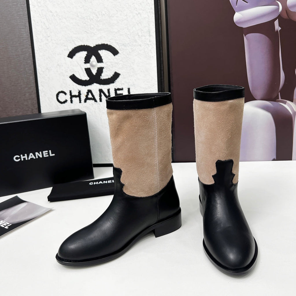 CHANEL 25S MID-CALF BOOTS 35MM IN BLACK CALFSKIN AND TAUPE GRAY SUEDE GOLD HARDWARE