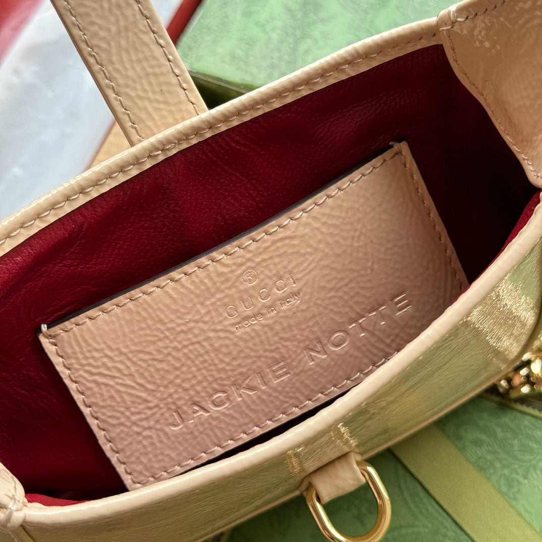 GUCCI JACKIE NOTTE MINI BAG 19 IN BEIGE CRACKED LACQUER CALFSKIN GOLD HARDWARE