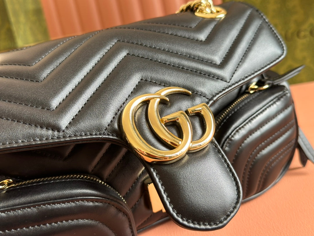 GUCCI MARMONT SMALL MULTI-POCKET BAG 25 IN BLACK CALFSKIN GOLD HARDWARE