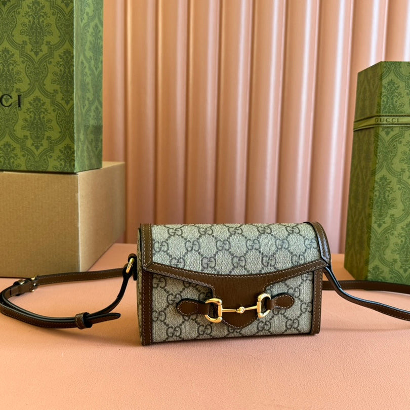 GUCCI HORSEBIT 1955 MINI 18 BAG BEIGE CANVAS AND BROWN CALFSKIN