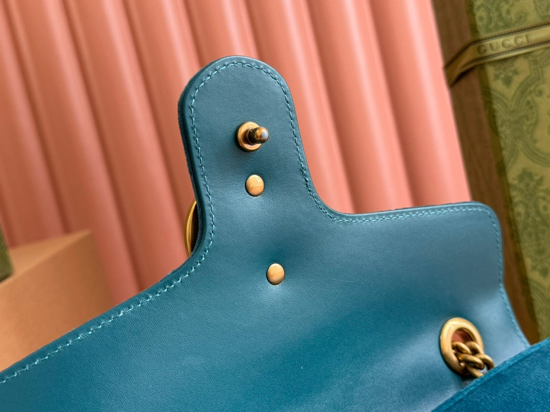 GUCCI 25S  MARMONT 26 CM IN DEEP TEAL BLUE VELVET WITH GOLD HARDWARE