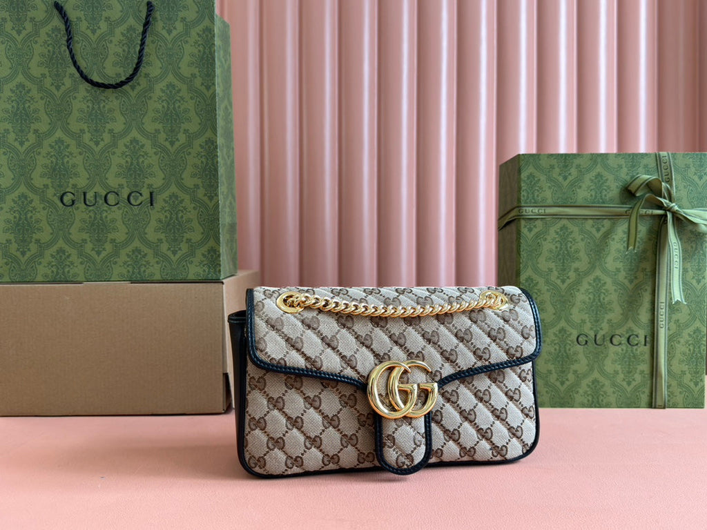GUCCI MARMONT MEDIUM SHOULDER BAG 26 IN BEIGE AND BROWN  CANVAS BLACK CALFSKIN GOLD HARDWARE