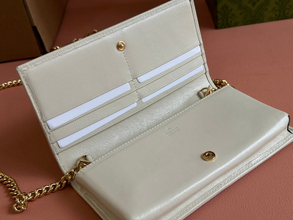 GUCCI HORSEBIT 1955 WALLET IN BEIGE EBONY CANVAS MIX WHITE CALFSKIN GOLD CHAIN