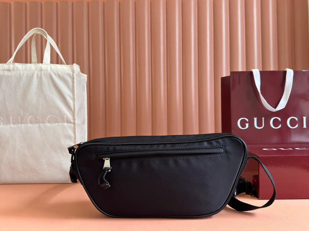 GUCCI LARGE BELT BAG 34 IN BLACK CANVAS GREEN AND RED WEB DETAIL