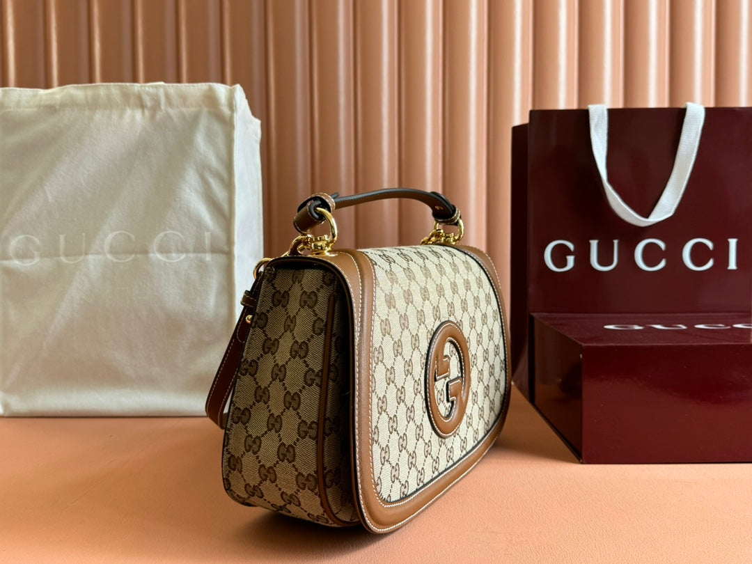 GUCCI BLONDIE LARGE TOP HANDLE BAG 32 IN BEIGE AND DARK BROWN CANVAS BROWN CALFSKIN