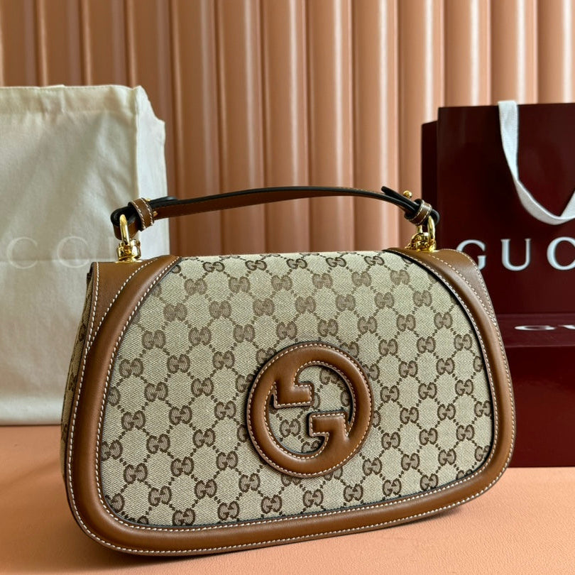 GUCCI BLONDIE LARGE TOP HANDLE BAG 32 IN BEIGE AND DARK BROWN CANVAS BROWN CALFSKIN
