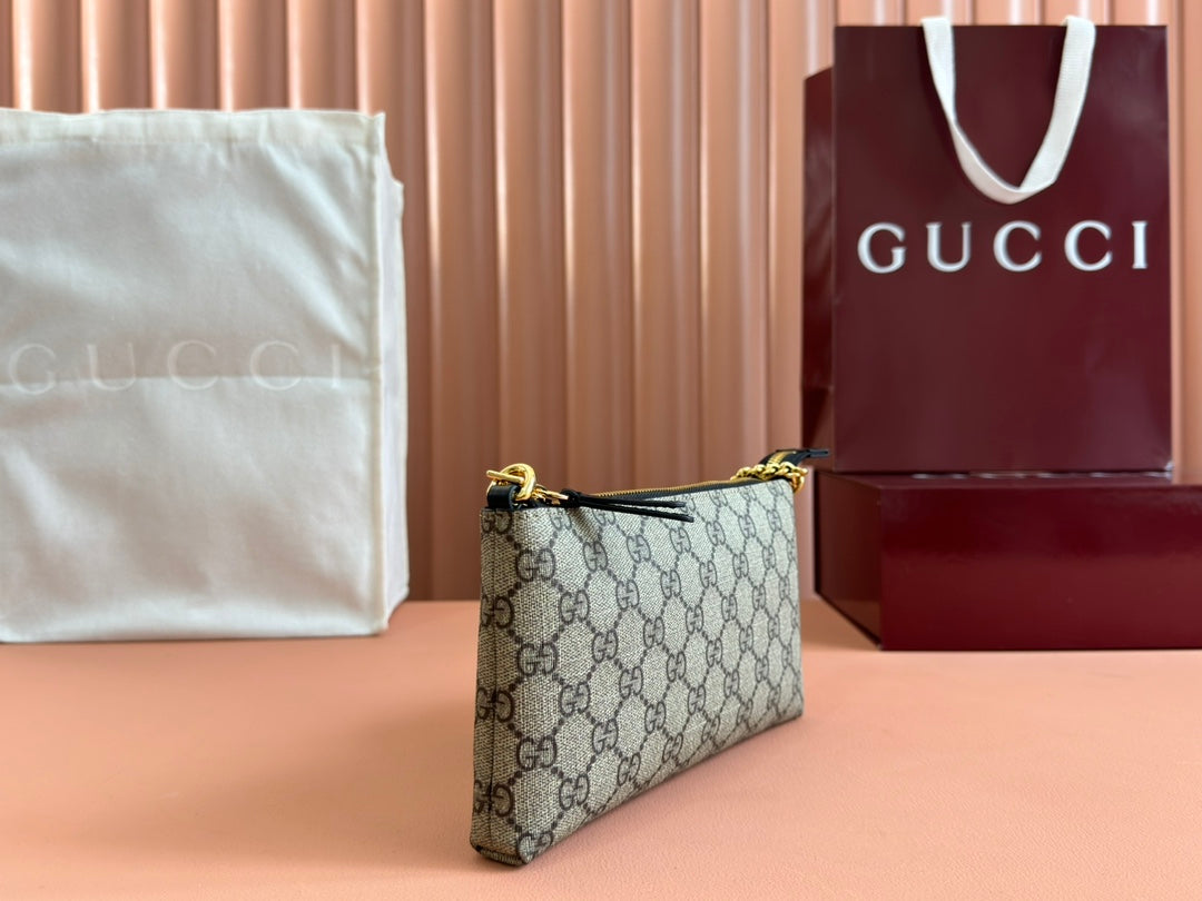 GUCCI RUBBER EFFECT SMALL WALLET ON CHAIN 22.5 IN BEIGE AND DARK BROWN  CALFSKIN