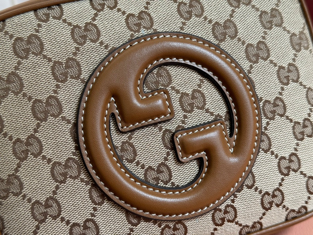 GUCCI BLONDIE SMALL SHOULDER BAG 21 IN BEIGE AND DARK BROWN CANVAS BROWN CALFSKIN
