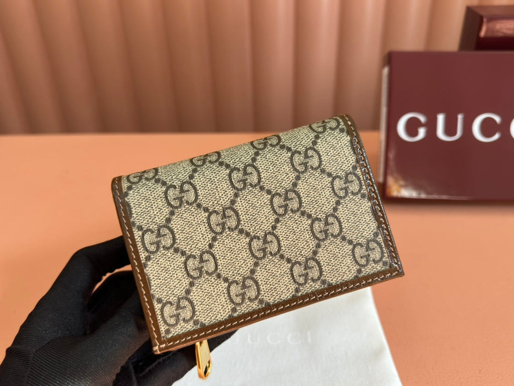 GUCCI HORSEBIT 1955 CARD CASE WALLET 11.5 IN BEIGE EBONY  CANVAS BROWN CALFSKIN
