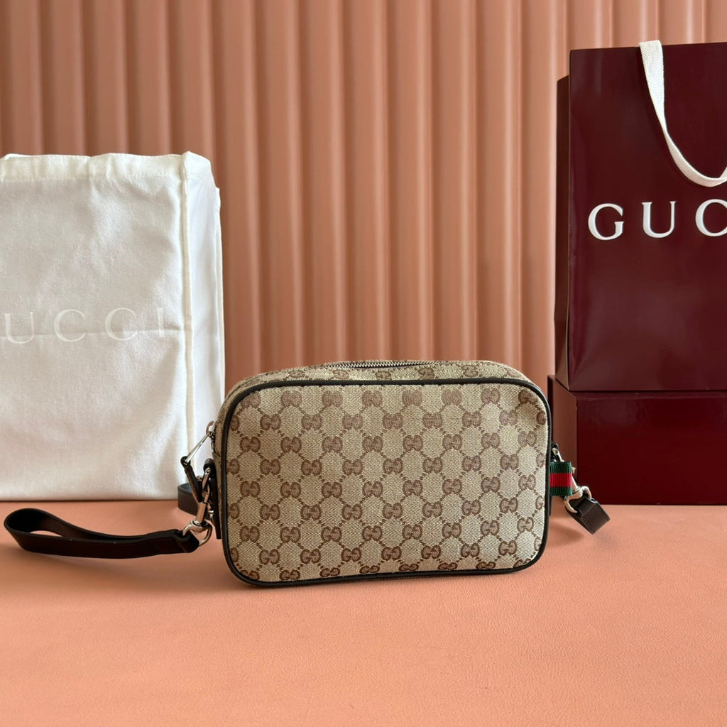 GUCCI SMALL CROSSBODY BAG 23.5 IN BEIGE AND DARK BROWN  CANVAS