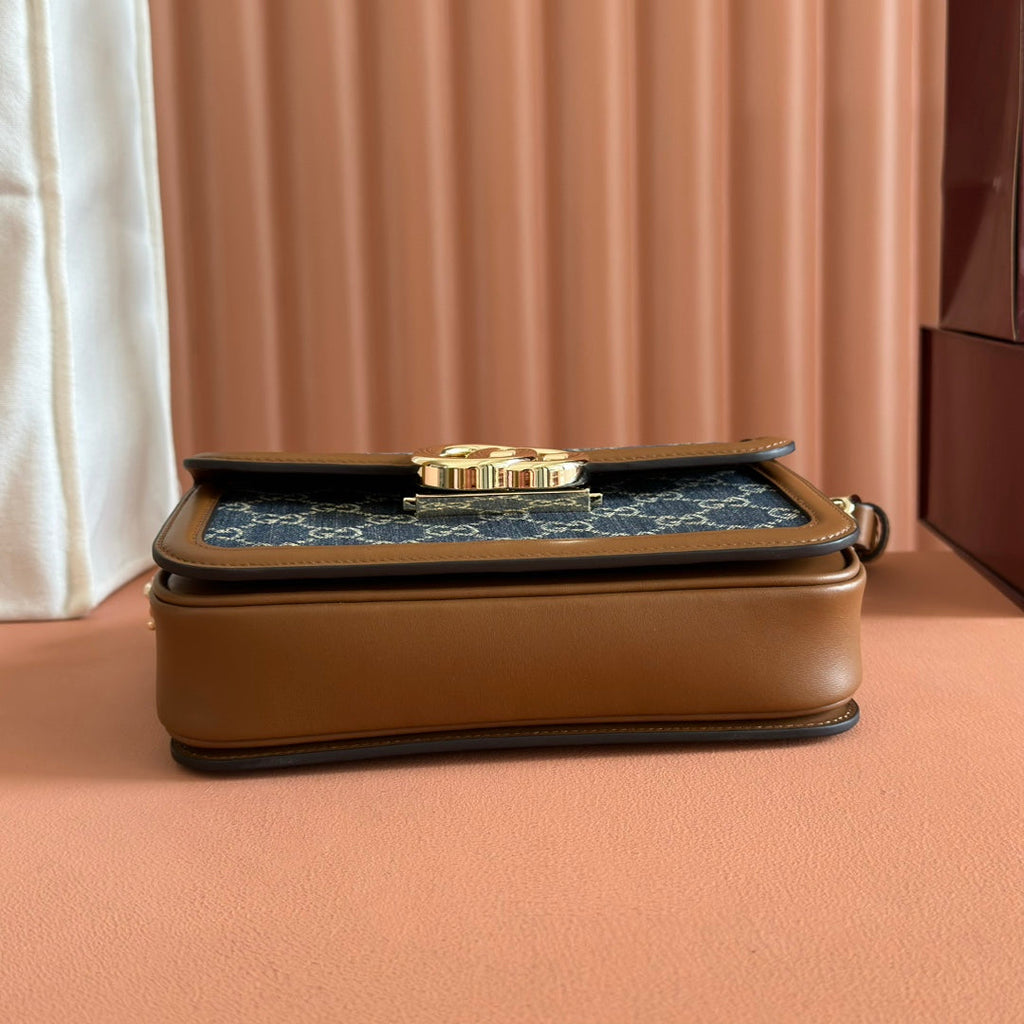 GUCCI GO SMALL SHOULDER BAG 21.5 IN BLUE DENIM BROWN CALFSKIN