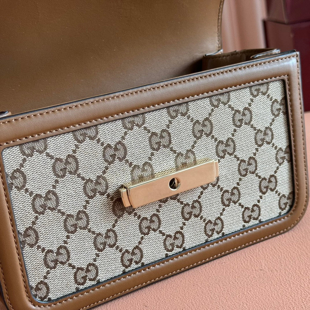 GUCCI GO SMALL SHOULDER BAG 21.5 IN BEIGE CANVAS BROWN CALFSKIN