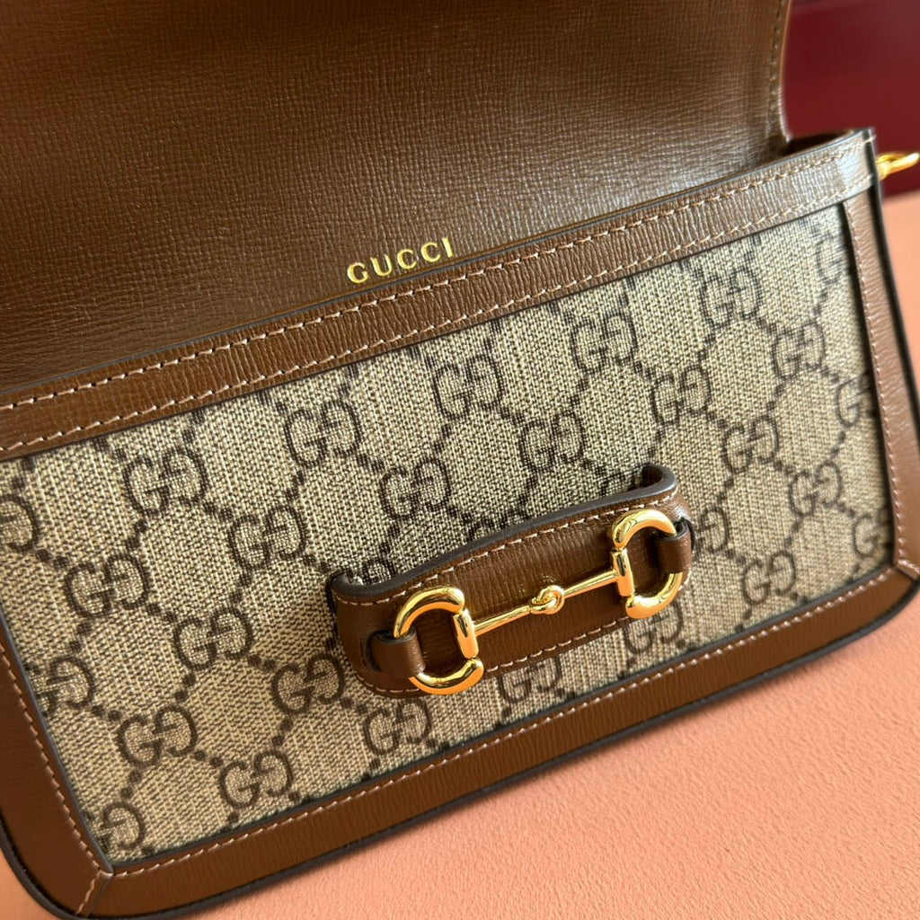 GUCCI HORSEBIT 1955 SMALL 21.5 IN BEIGE EBONY  SUPREME BROWN CALFSKIN GOLD HARDWARE