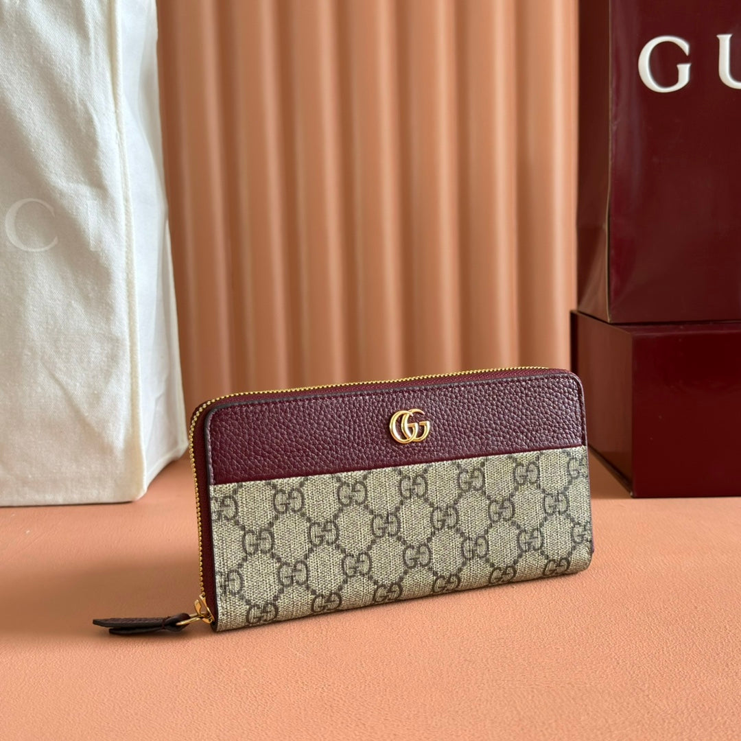 GUCCI MARMONT 19 LONG WALLET IN RED AND BEIGE CALFSKIN