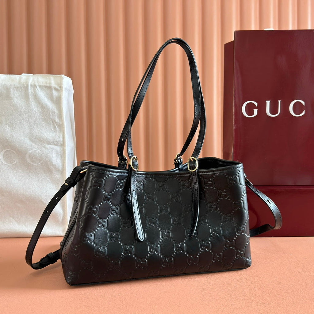 GUCCI 26S TOTE BAG 30 IN BLACK CALFSKIN WITH MONOGRAM PATTERN