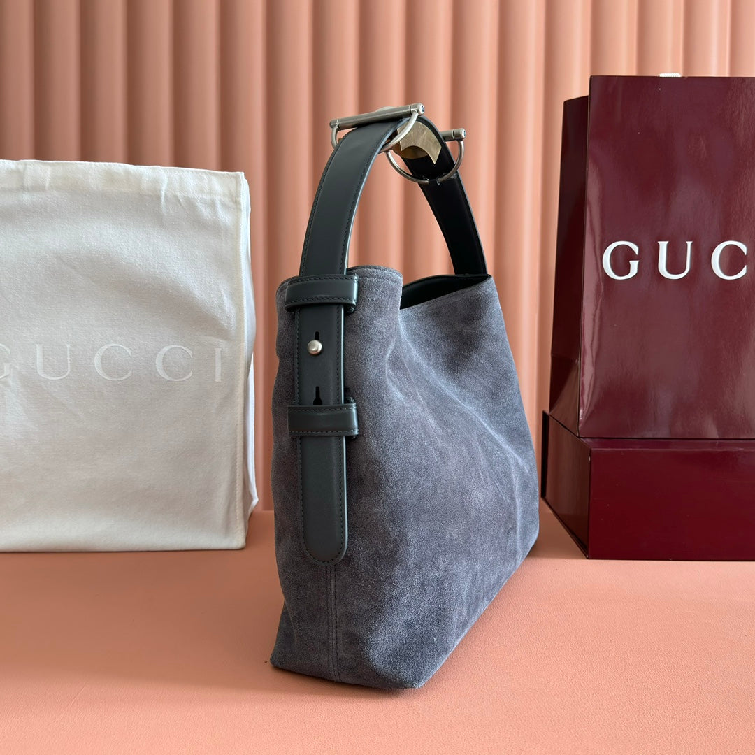 GUCCI 26S TOP HANDLE BAG 35 IN DARK GREY SUEDE