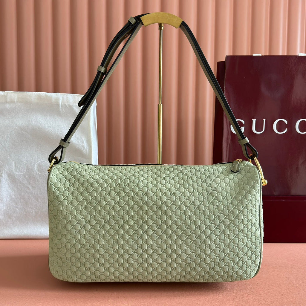 GUCCI 26S SHOULDER BAG 38 IN LIGHT GREEN EMBOSSED SUEDE