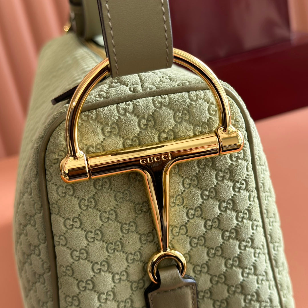 GUCCI 26S SHOULDER BAG 38 IN LIGHT GREEN EMBOSSED SUEDE