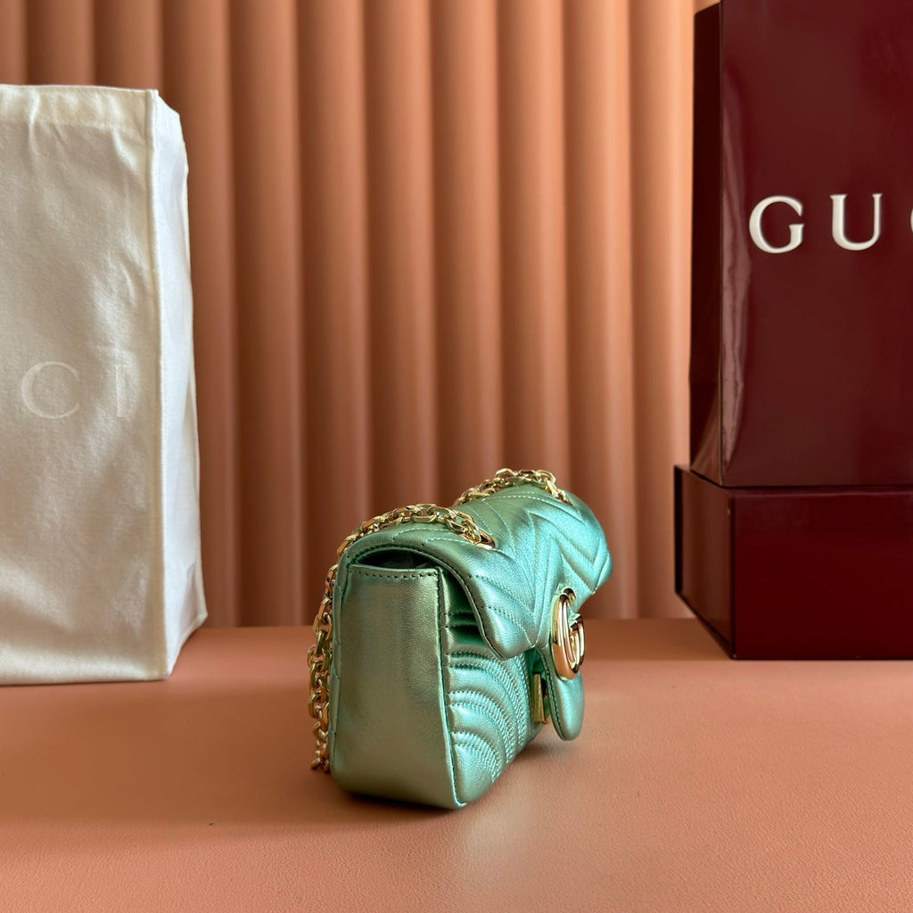 GUCCI 26S  MARMONT BAG 22 IN METALLIC PALE GREEN LAMBSKIN