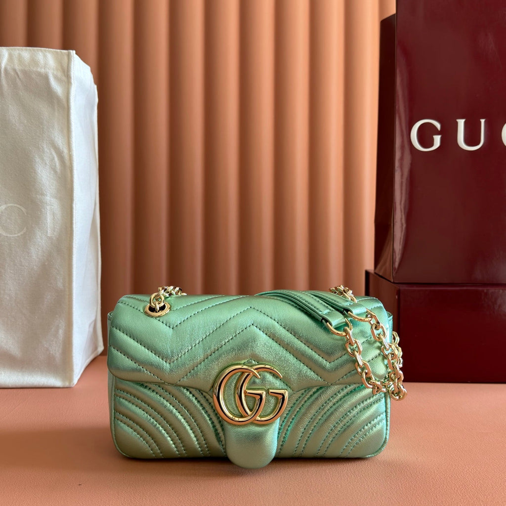 GUCCI 26S  MARMONT BAG 22 IN METALLIC PALE GREEN LAMBSKIN