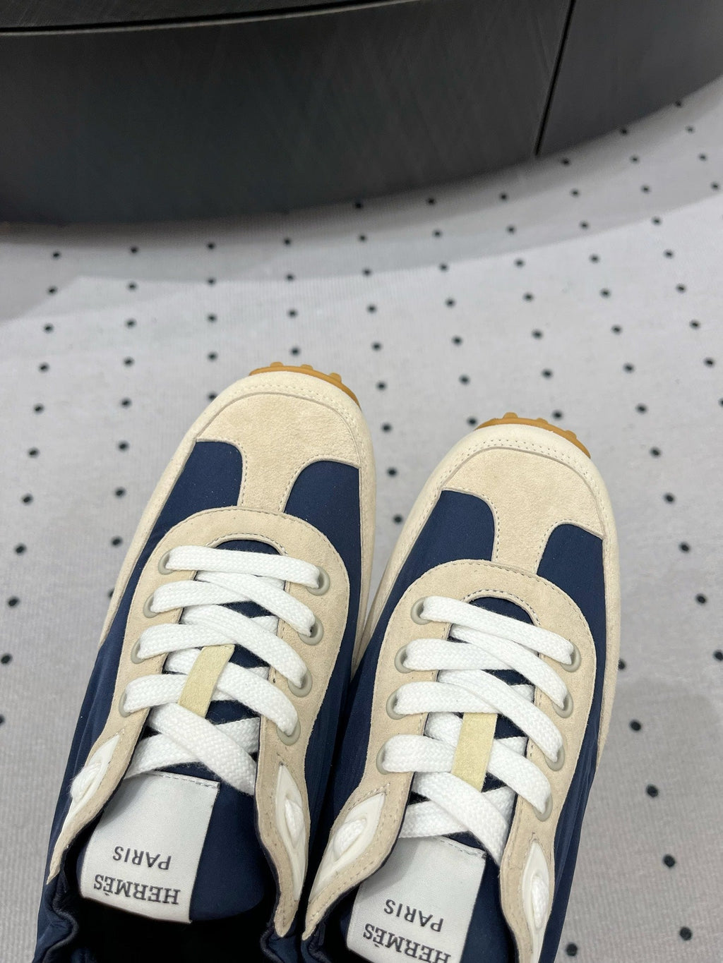 HERMES TRAIL SNEAKER IN IVORY TAN MIX SPACE BLUE SUEDE