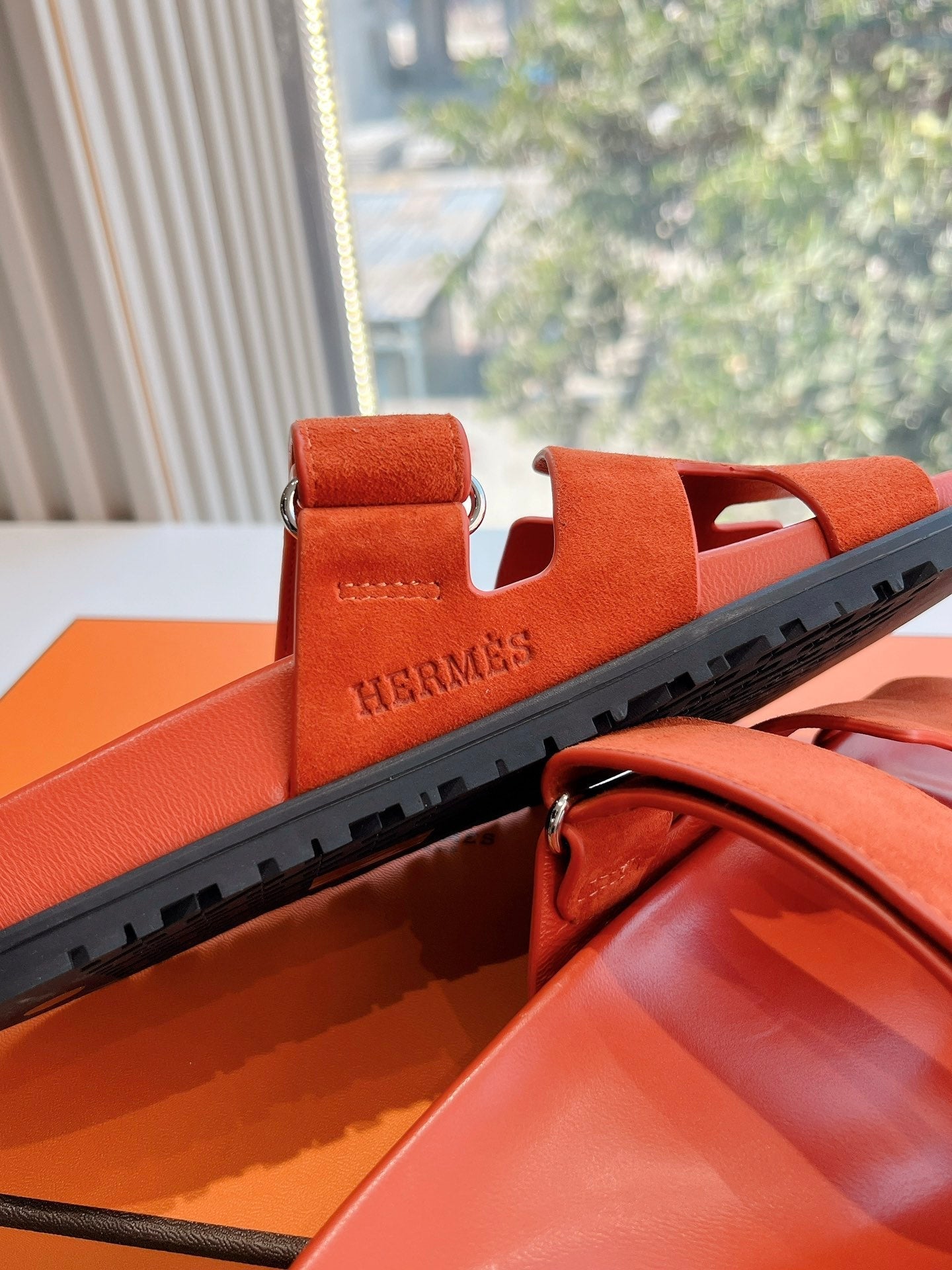 HERMES CHYPRE SANDAL IN FIRE ORANGE SUEDE